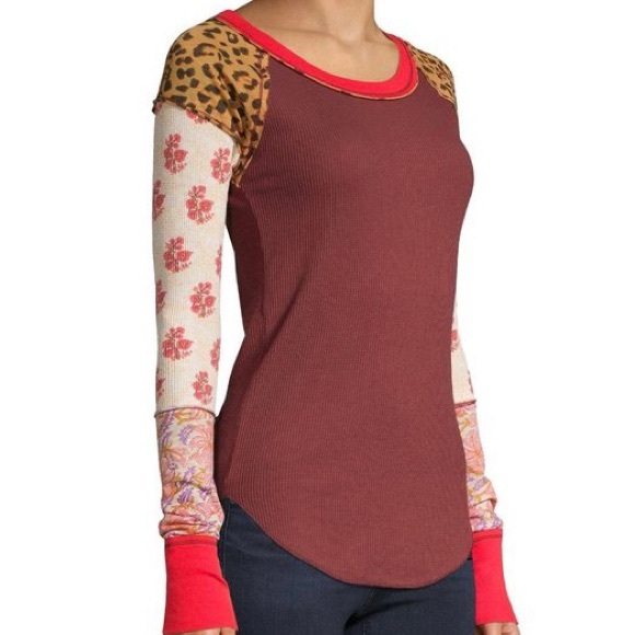 🚫SOLD🚫 Free People Bright Side Thermal in Burgundy with Leopard Floral Sleeves - Picture 2 of 11